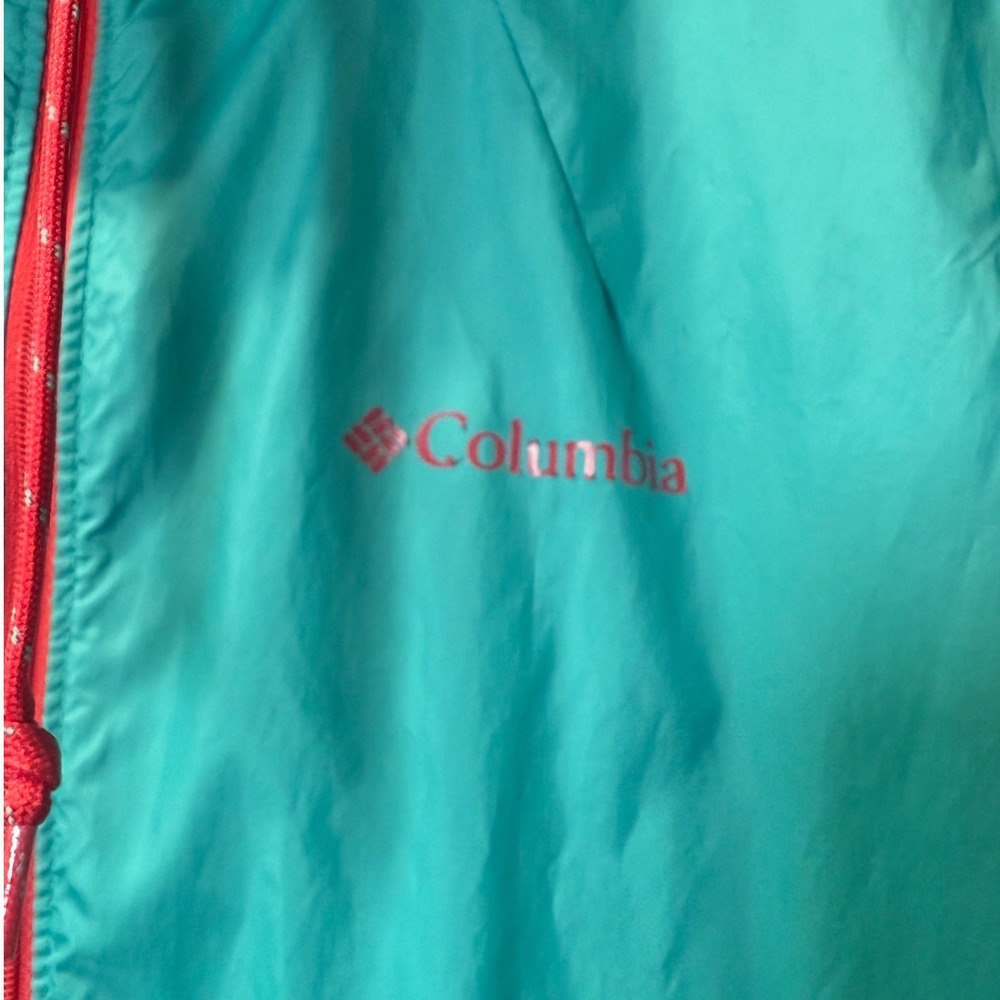 Columbia Teal/Turquoise Zip Up Windbreaker Jacket with Bright Zipper/String Ties - Picture 2 of 5